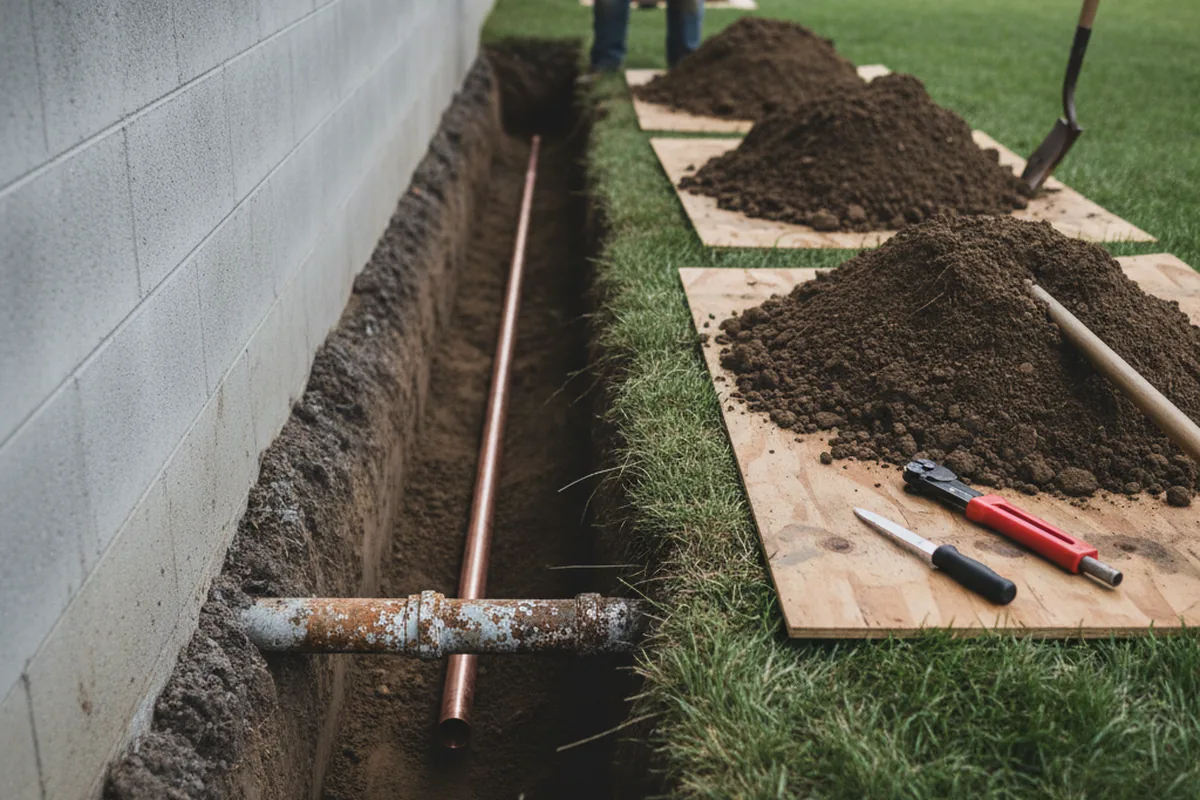 Excavated water line trench during Water Softener Installation in Wasco